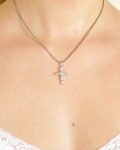 Small CZ Cross Necklace in Silver