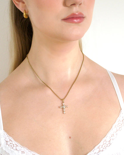 Small CZ Cross Necklace in Gold