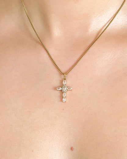 Small CZ Cross Necklace in Gold